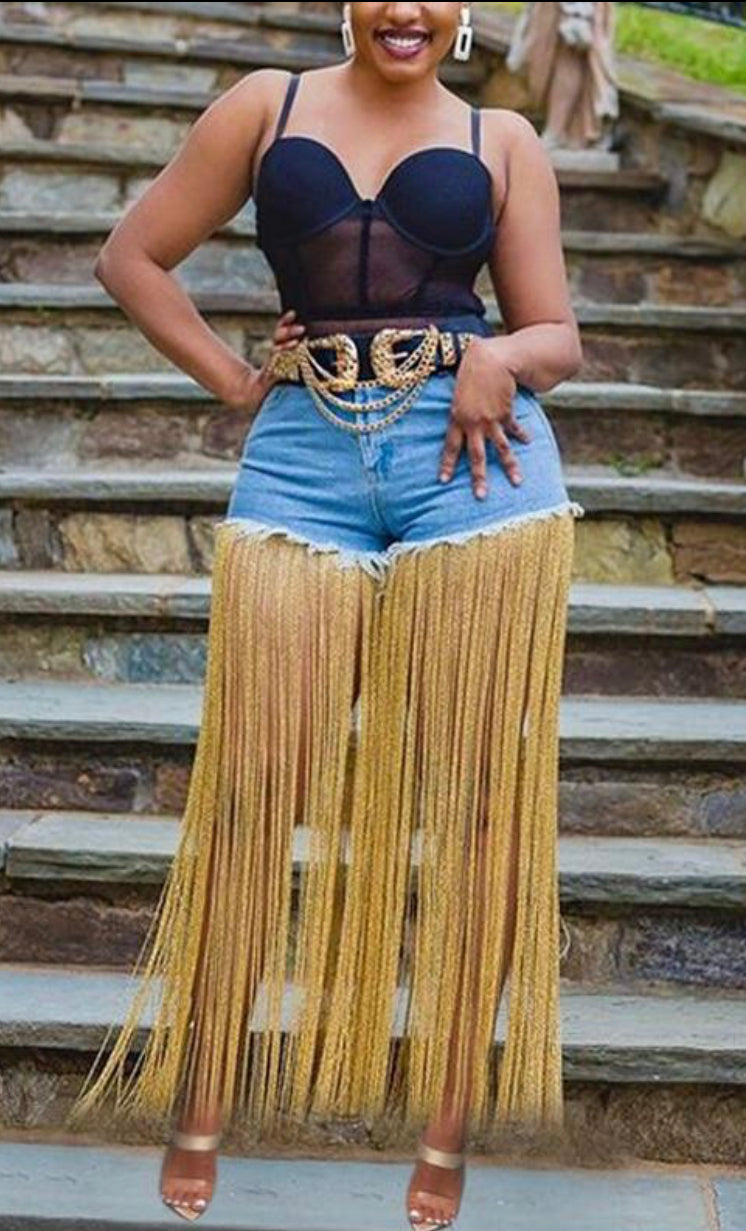 High Waist Tassels Denim Shorts