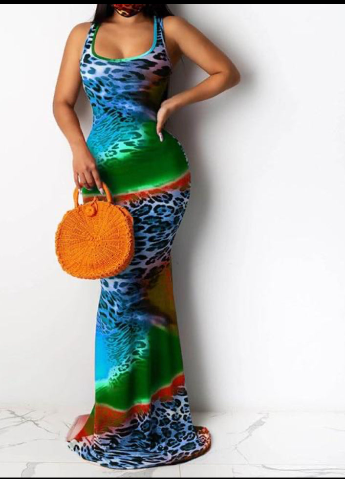 Spaghetti Strap Round-Neck Multi Print Dress