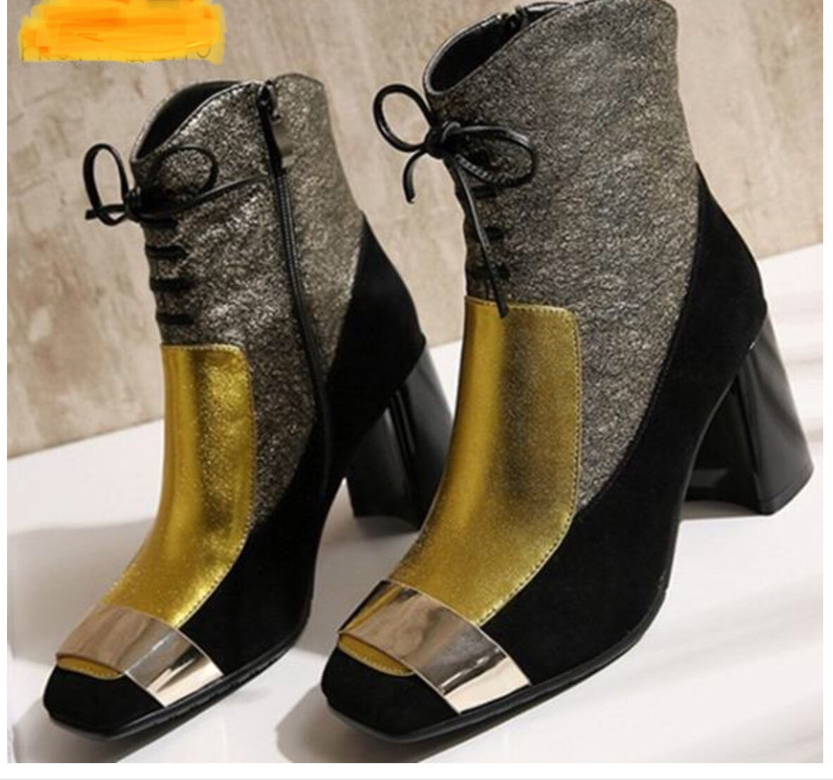 METALLIC COLOR BLOCK ANKLE LEATHER BOOTS SHOES