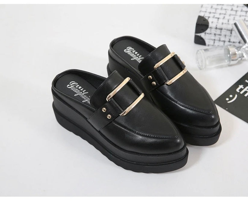 Pointed Toe Buckle Wedges Mule Shoes