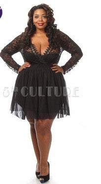 (A) Lace v neck tulle flare dress