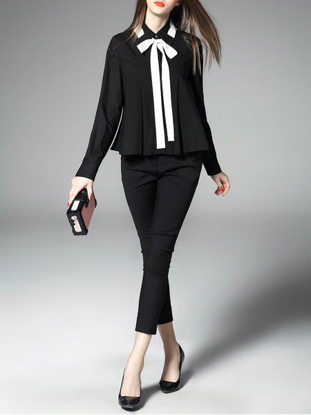 (A) Color-block Bow Blouse