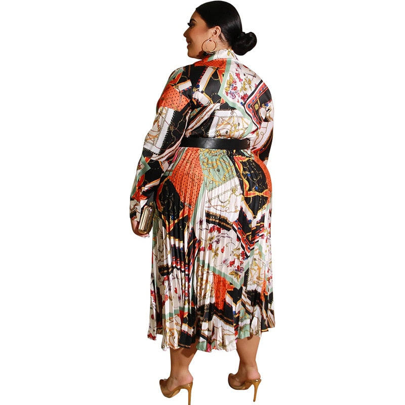 Plus Size Pleated Bohemian Belted Long Sleeve Dress
