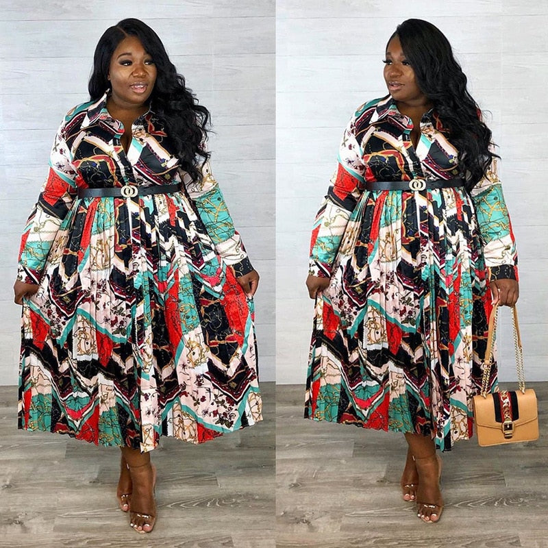 Plus Size Pleated Bohemian Belted Long Sleeve Dress