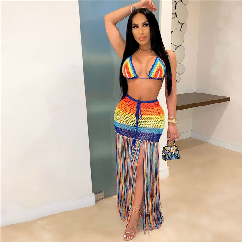 Crochet Tassel Crop Top Skirt Set