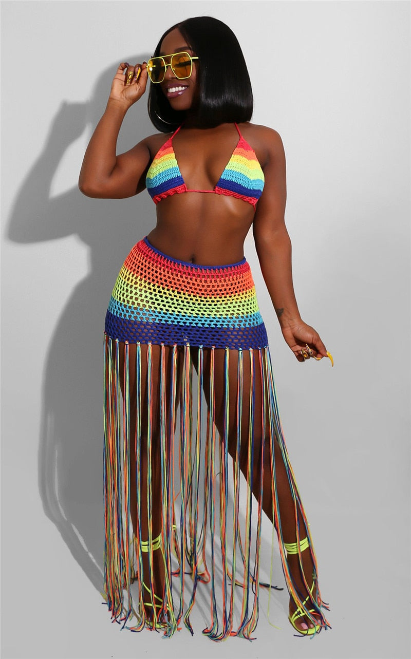 Crochet Tassel Crop Top Skirt Set