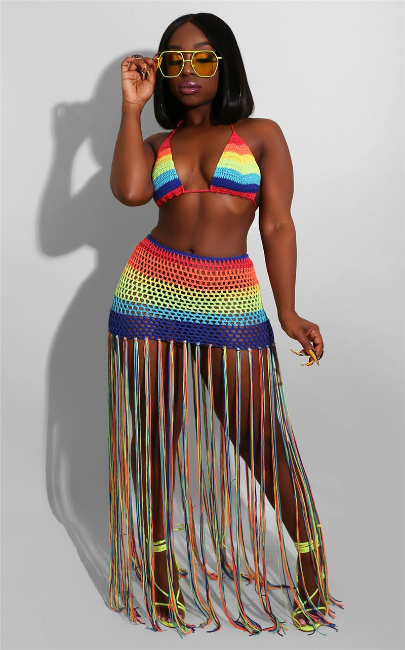 Crochet Tassel Crop Top Skirt Set