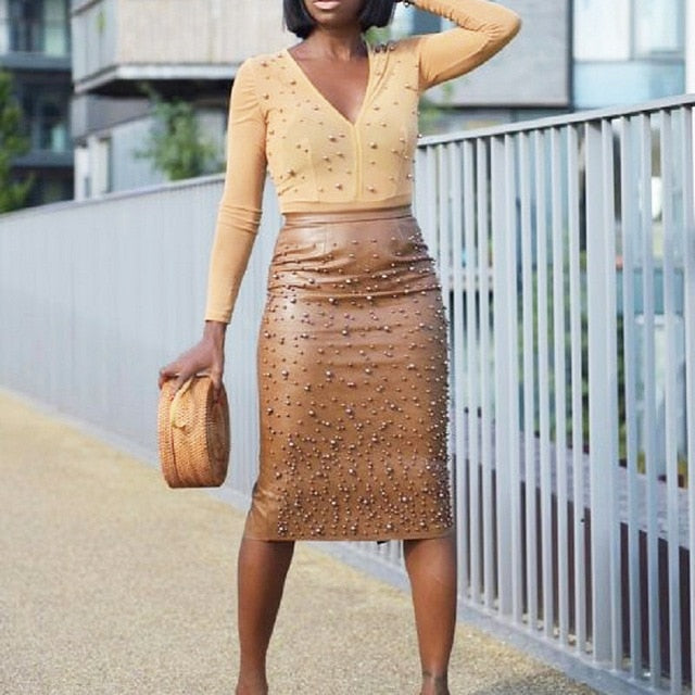 High Waist Beading Faux Leather Pencil Skirt