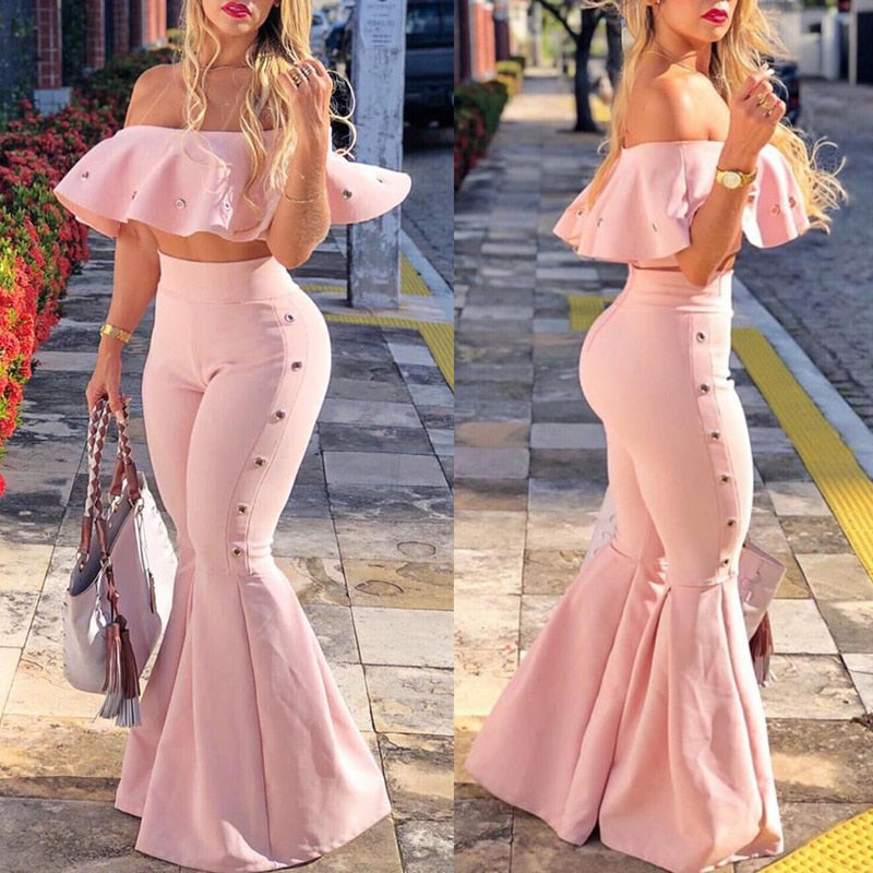 Off Shoulder Ruffle Crop Tops Bell Bottom Pants Set
