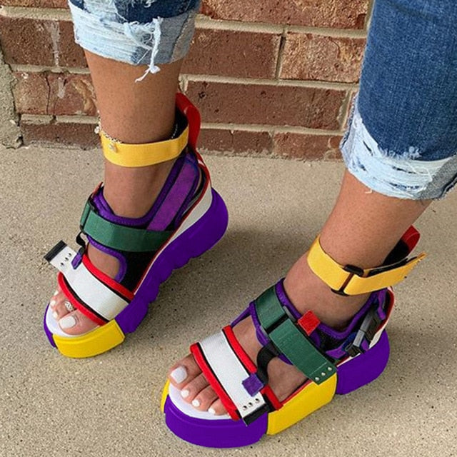 Velcro Platform Open Toe Color Block Sandals / Shoes