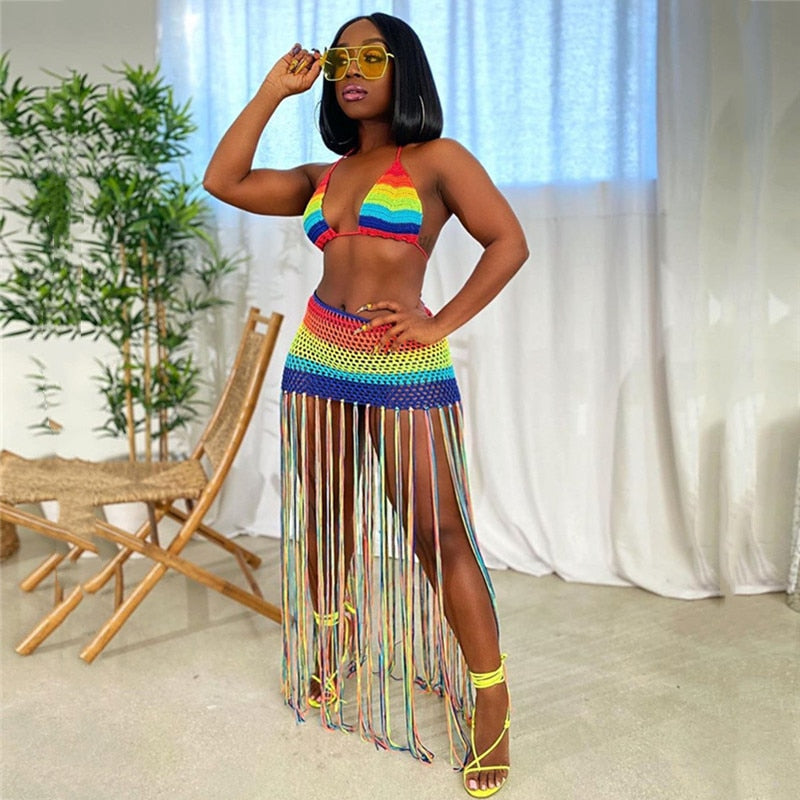 Crochet Tassel Crop Top Skirt Set