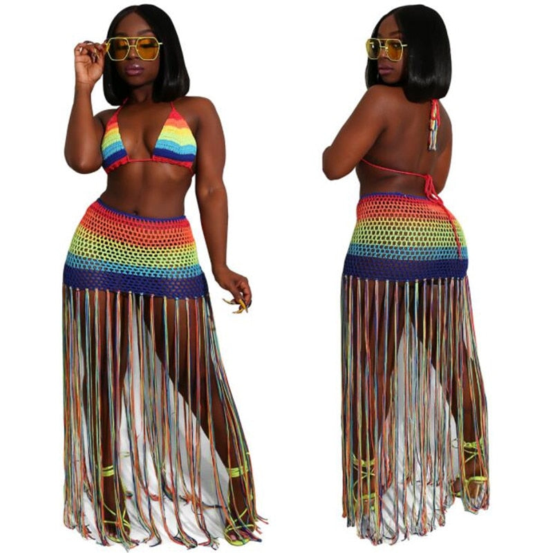 Crochet Tassel Crop Top Skirt Set