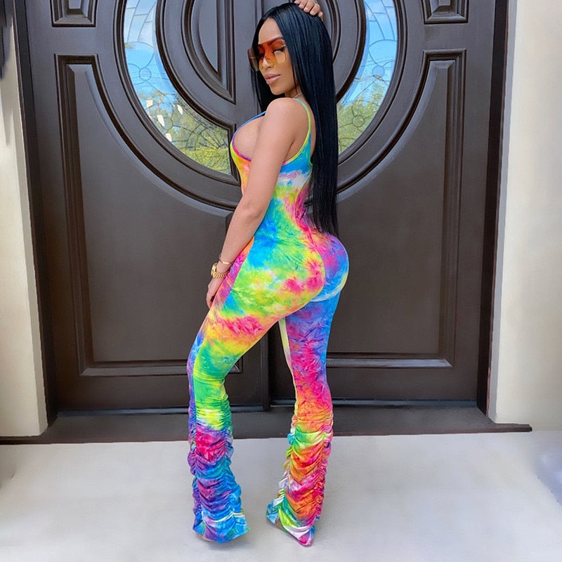 Rushed Leg Tie Dye Sleeveless Jumpsuit
