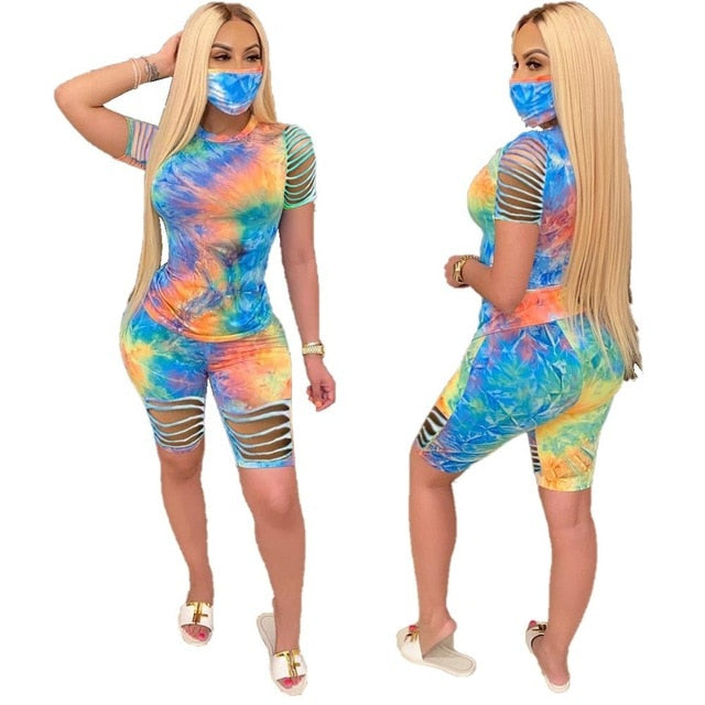 Hollow Out Tie Dye Biker Shorts Set
