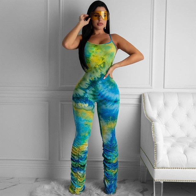 Rushed Leg Tie Dye Sleeveless Jumpsuit