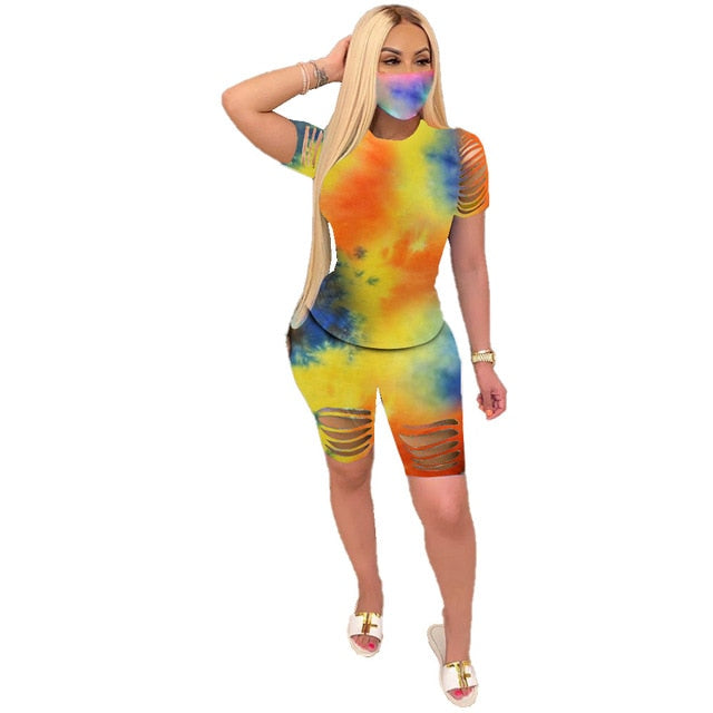 Hollow Out Tie Dye Biker Shorts Set
