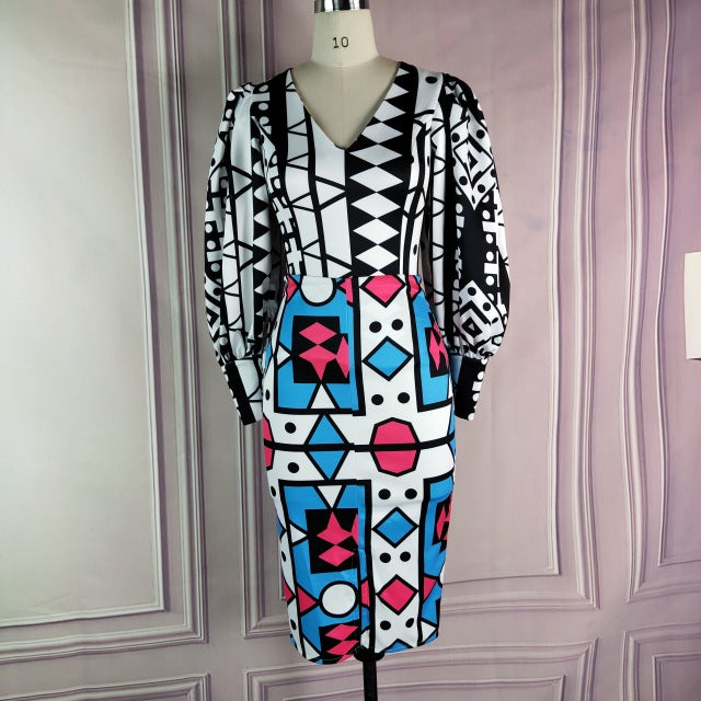 Geometric Printed Lantern Sleeve Pencil Skirt Set