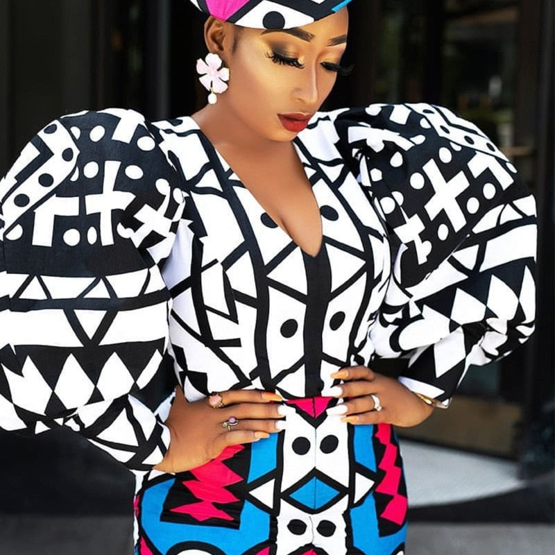 Geometric Printed Lantern Sleeve Pencil Skirt Set