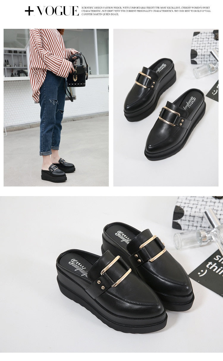 Pointed Toe Buckle Wedges Mule Shoes