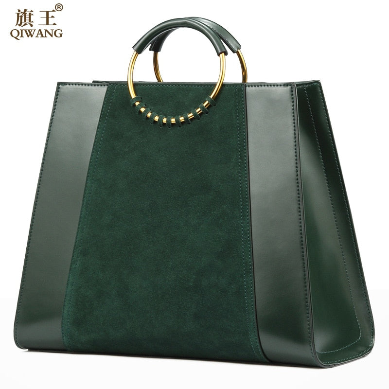 GENUINE LEATHER SUEDE TOTE HANDBAG
