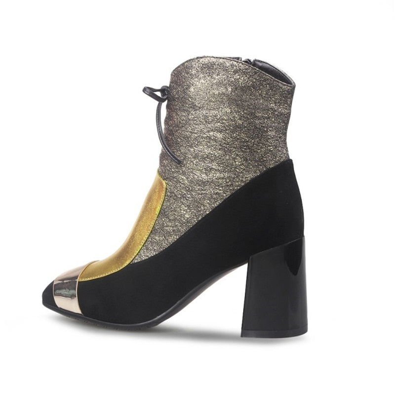 METALLIC COLOR BLOCK ANKLE LEATHER BOOTS SHOES