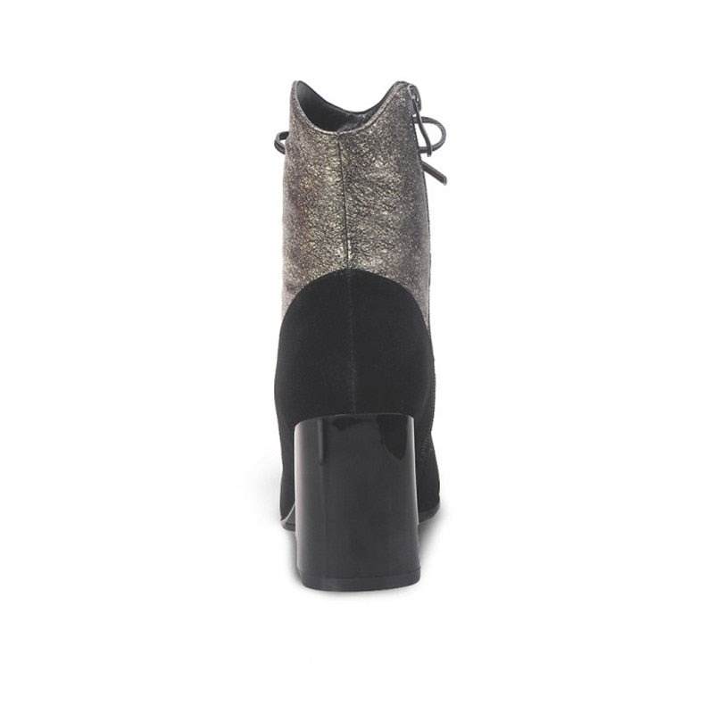 METALLIC COLOR BLOCK ANKLE LEATHER BOOTS SHOES