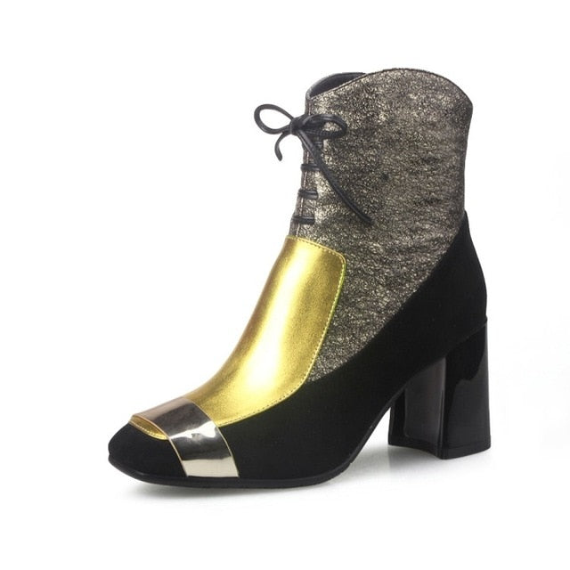 METALLIC COLOR BLOCK ANKLE LEATHER BOOTS SHOES
