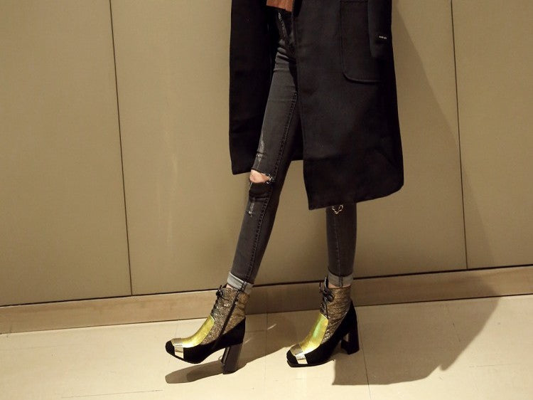 METALLIC COLOR BLOCK ANKLE LEATHER BOOTS SHOES