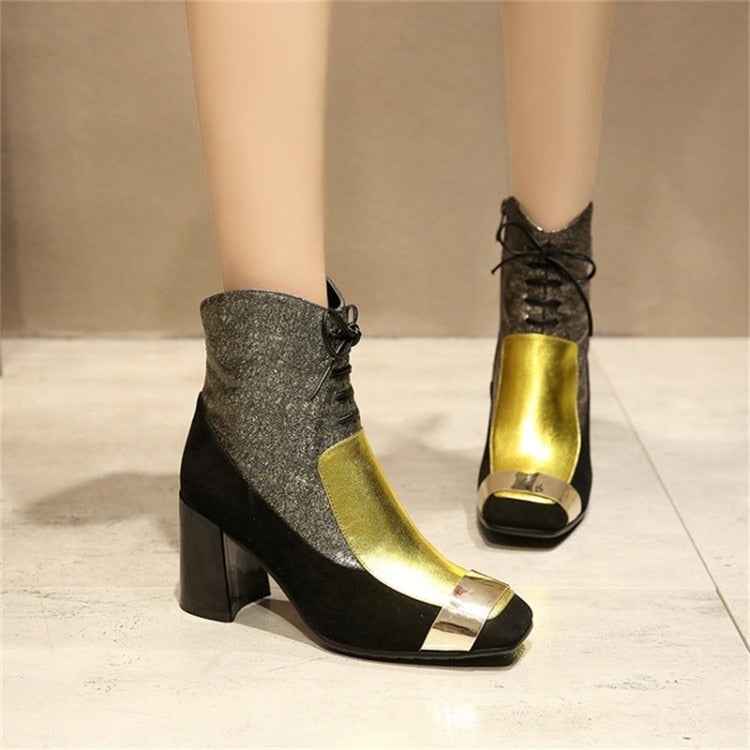 METALLIC COLOR BLOCK ANKLE LEATHER BOOTS SHOES