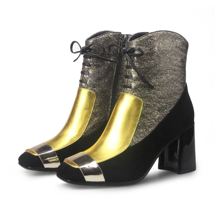 METALLIC COLOR BLOCK ANKLE LEATHER BOOTS SHOES