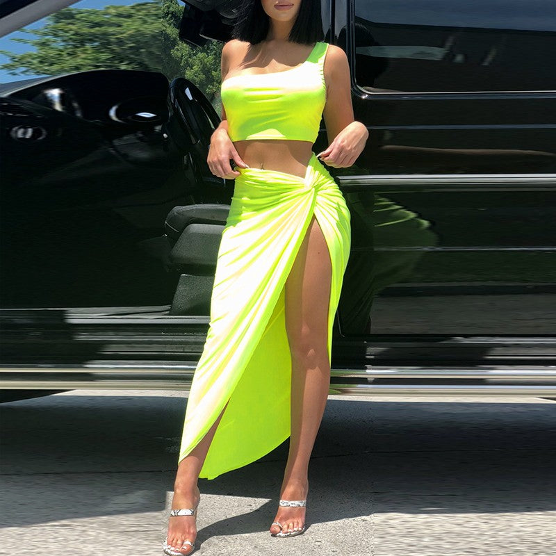 One Shoulder High Split Skirt Two Piece Set