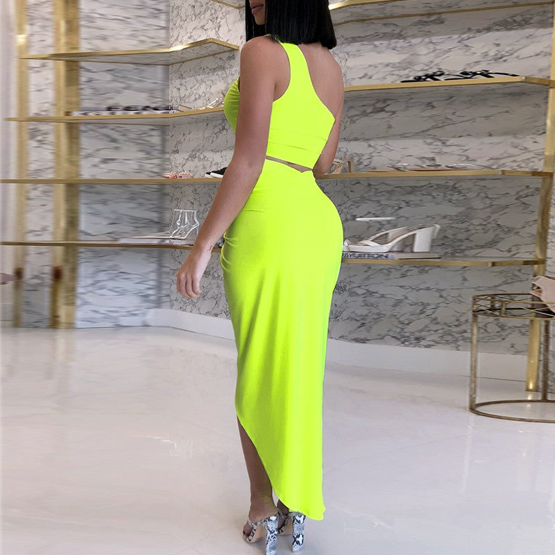 One Shoulder High Split Skirt Two Piece Set