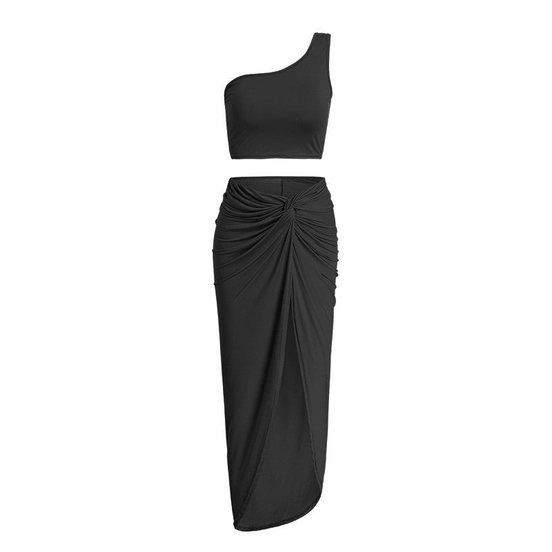 One Shoulder High Split Skirt Two Piece Set