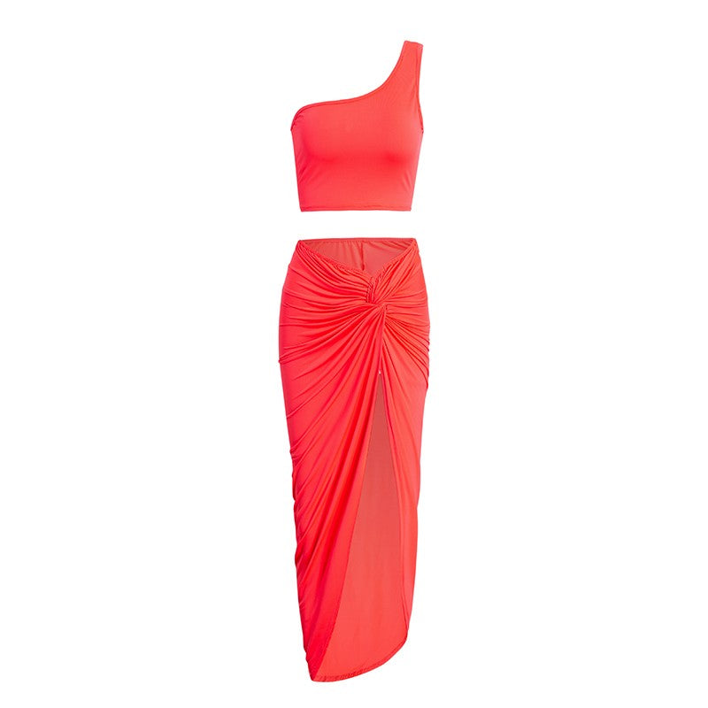 One Shoulder High Split Skirt Two Piece Set