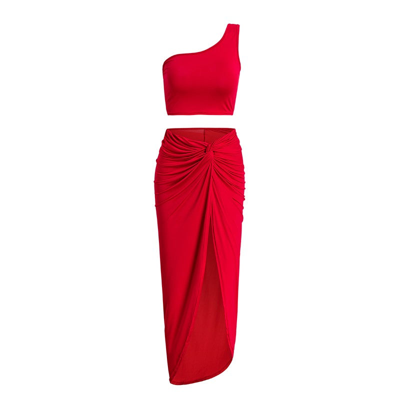 One Shoulder High Split Skirt Two Piece Set