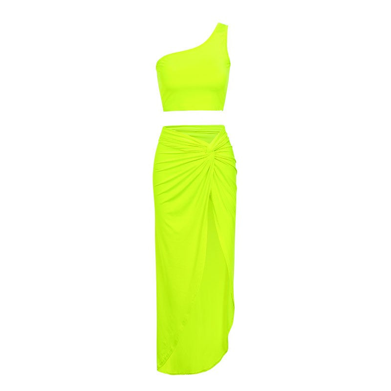 One Shoulder High Split Skirt Two Piece Set