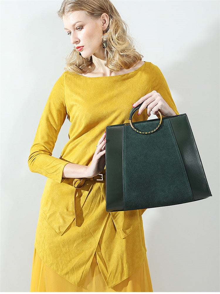 GENUINE LEATHER SUEDE TOTE HANDBAG