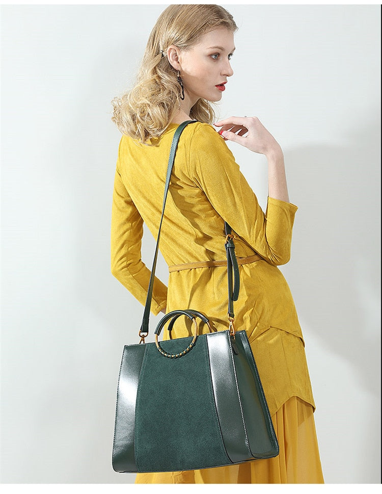 GENUINE LEATHER SUEDE TOTE HANDBAG