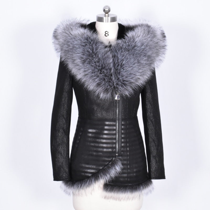 Fur Collar Faux Leather Coat