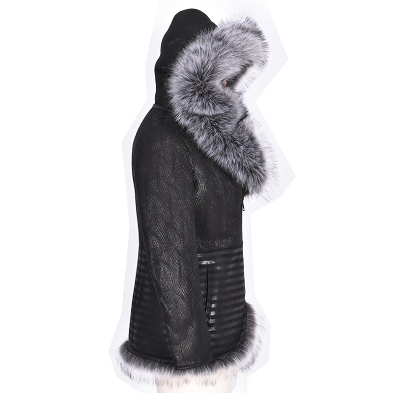 Fur Collar Faux Leather Coat