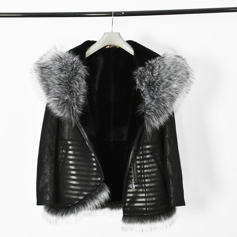 Fur Collar Faux Leather Coat