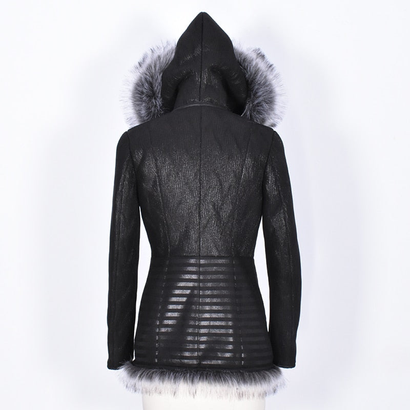 Fur Collar Faux Leather Coat