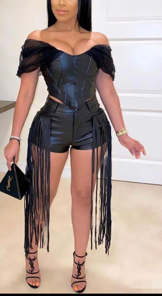 Off The Shoulder PU Leather  Shorts Set