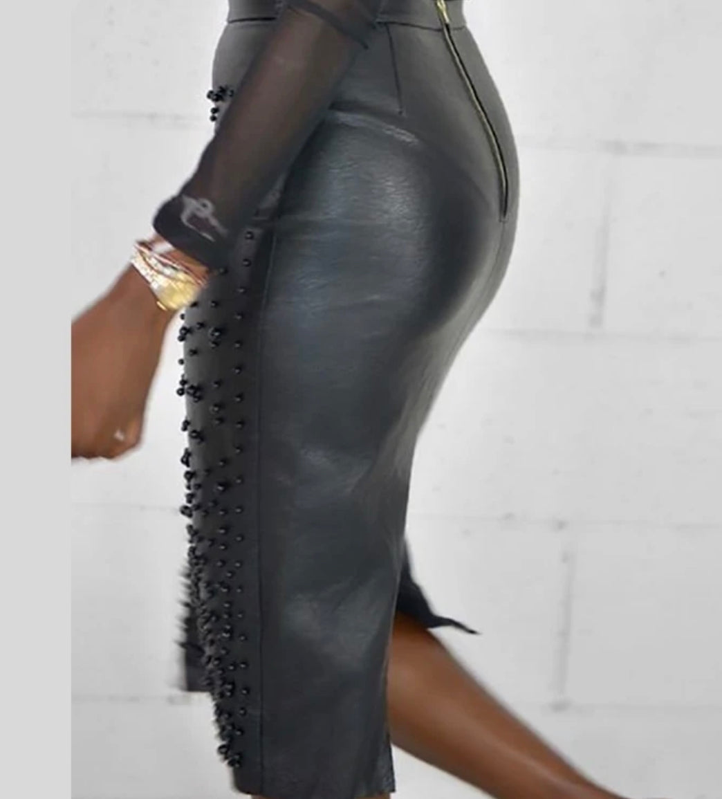 High Waist Beading Faux Leather Pencil Skirt