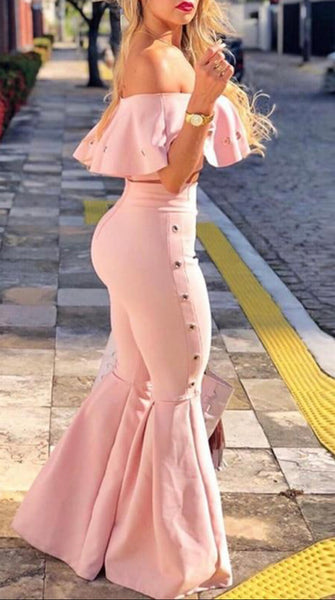 Off Shoulder Ruffle Crop Tops Bell Bottom Pants Set