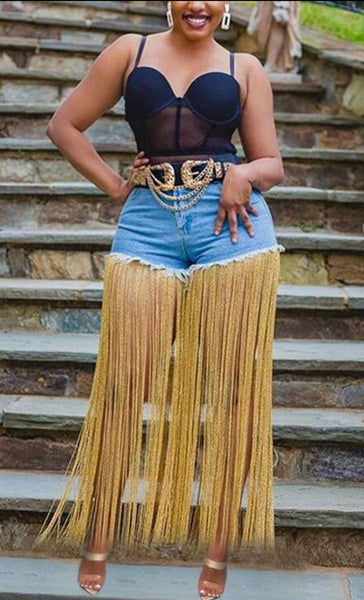 High Waist Tassels Denim Shorts