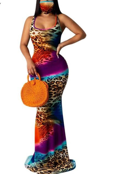 Spaghetti Strap Round-Neck Multi Print Dress