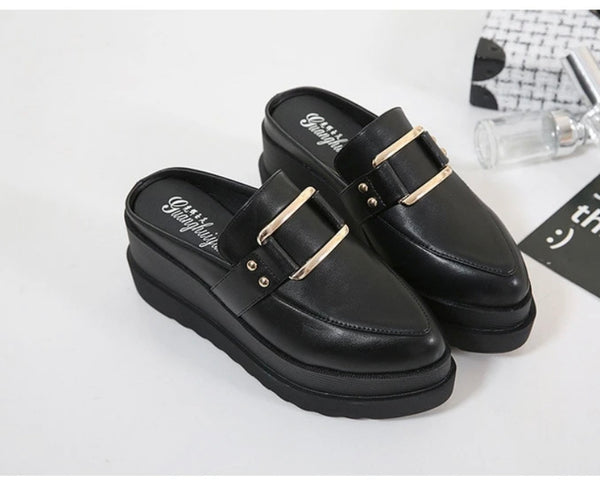 Pointed Toe Buckle Wedges Mule Shoes