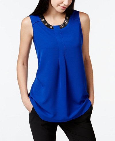 Faux-Leather Trim Sleeveless Blouse
