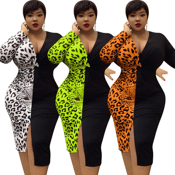 Plus Size V-Neck Leopard Print Split Dress